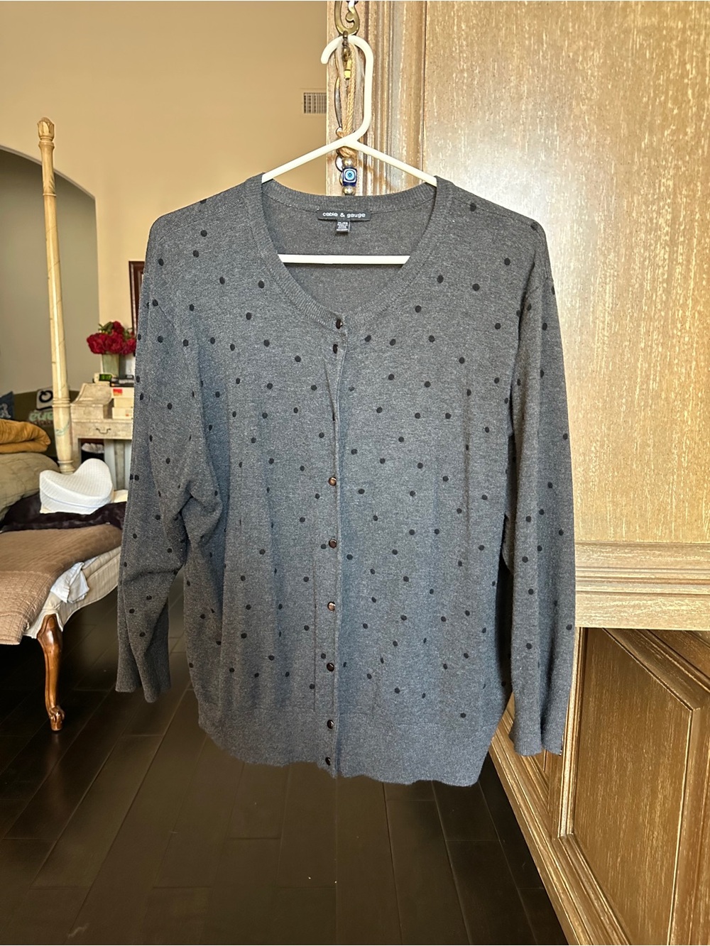 Cable & Gauge Grey with Black Polka Dot Button-Front Cardigan Size XL EUC